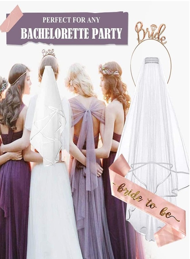 BCNJEPIN 3pcs Bride to Be Decoration, Bride to Be Props, Party Decorations, Pink Strip With Rose Gold Letters, Rose Gold Crown, and Lace Veil for Single Party Props, Used for Bridal Decoration, Wedding - Image 3